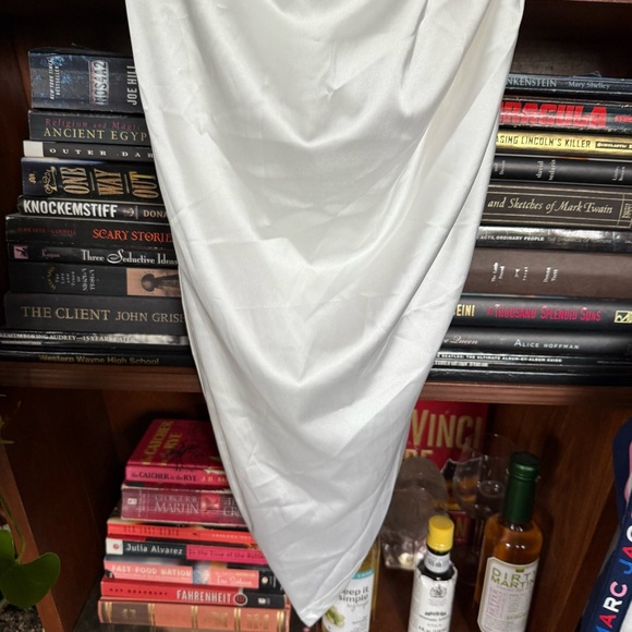 Cider - Solid Satin Asymmetrical Ruched Midi Dress - size large - Picture 6 of 9